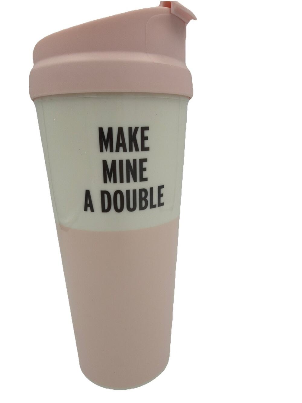 Kate Spade Pink “ Make Mine A Double” Coffee Travel Mug w/Lid BPA Free Plastic